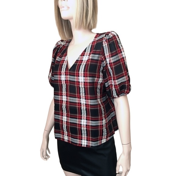 LOFT Blouse Rayon blend Plaid Seersucker Puckered Top Shirt Short Sleeve XS-S - Picture 4 of 15